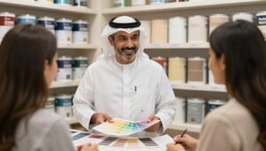 معلم صباغ القيروان يعرض عينات ألوان دهانات مختلفة معلم صباغ القيروان يعرض عينات ألوان دهانات مختلفة